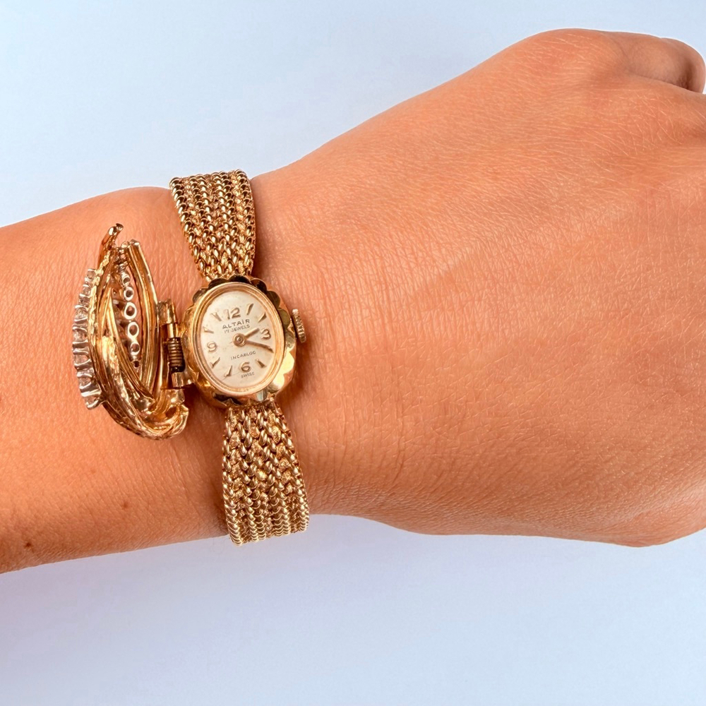 Estate 14K Solid Gold Altair Ladies Diamond Hidden Dial Bracelet Watch 1940's - Picture 7 of 16